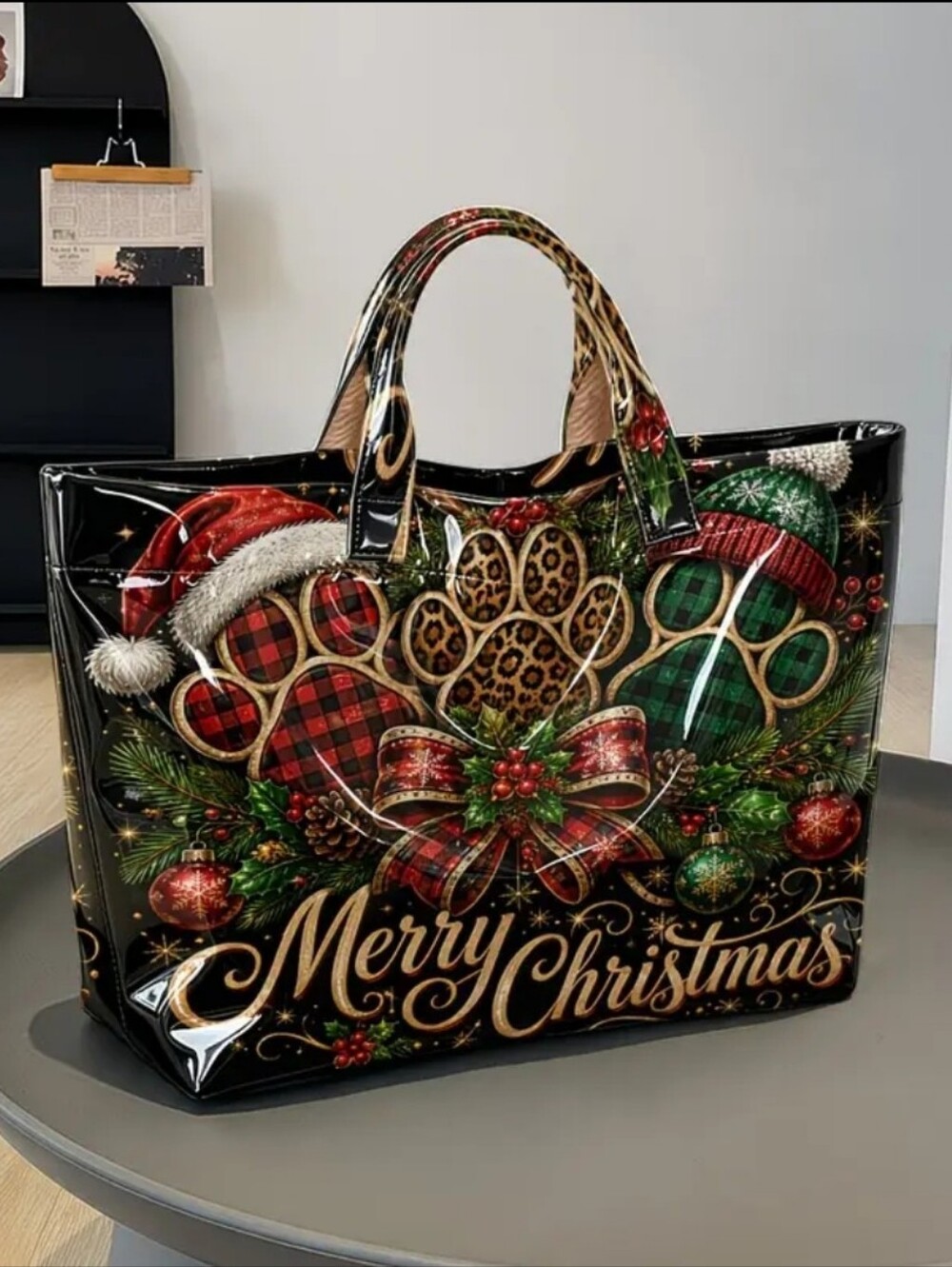 Merry Christmas Leopard Paw Print Large PVC Hand Tote Bag